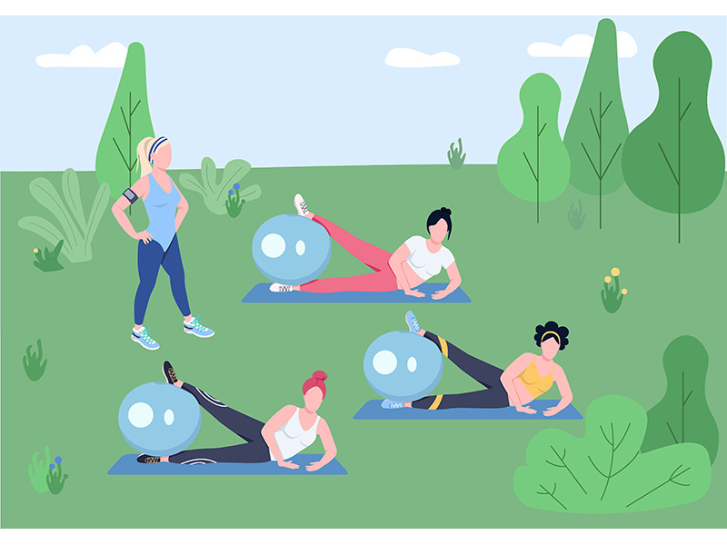 Outdoor pilates class flat color vector illustration