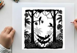 Silhouette of a tropical forest scene with people in a hammock