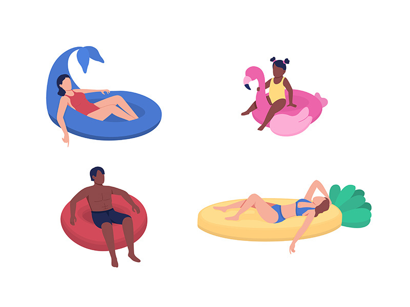 Youngsters floating in inflatable floats flat color vector faceless characters set