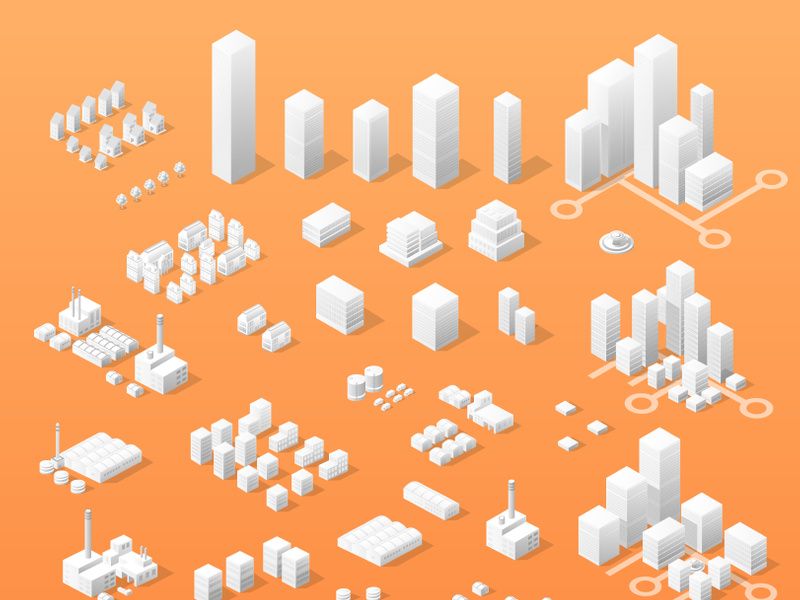 Buildings, skyscrapers, factories, parks, and vehicles