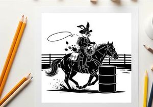 Bunny silhouette riding a horse around a barrel racing silhouette