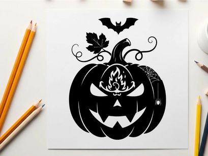 Halloween silhouette of a jack o lantern with bat and leaves