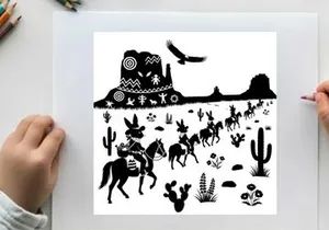 Desert scene with silhouette of cactus horses and rider in southwestern landscape silhouette