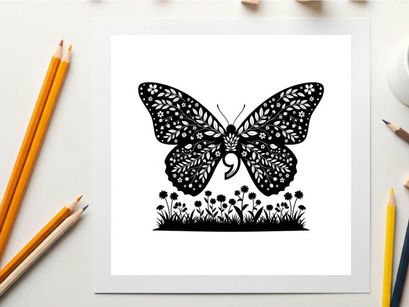 Butterfly silhouette with floral patterns and grass