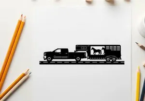 Black silhouette of a pickup truck with horse trailer