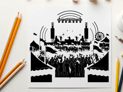 Concert silhouette with crowd and stage equipment