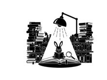 Rabbit silhouette studying under a desk lamp at night