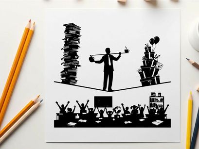 Silhouette of businessman balancing work and office supplies on a tightrope