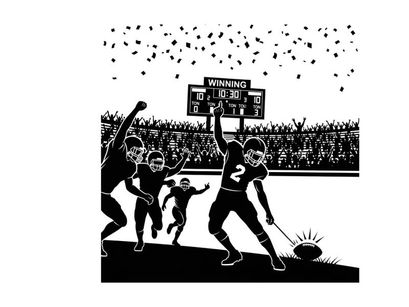 Silhouette of football players celebrating victory in a stadium with a scoreboard