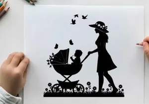 Silhouette of woman pushing baby stroller in garden with flowers