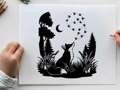 A fox in silhouette howls at the crescent moon silhouette