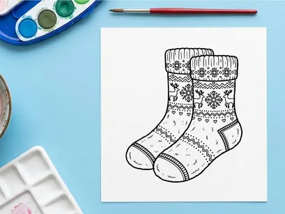 Sepasang kaos kaki Natal dengan pola rusa dan kepingan salju dalam gaya seni garis tangan