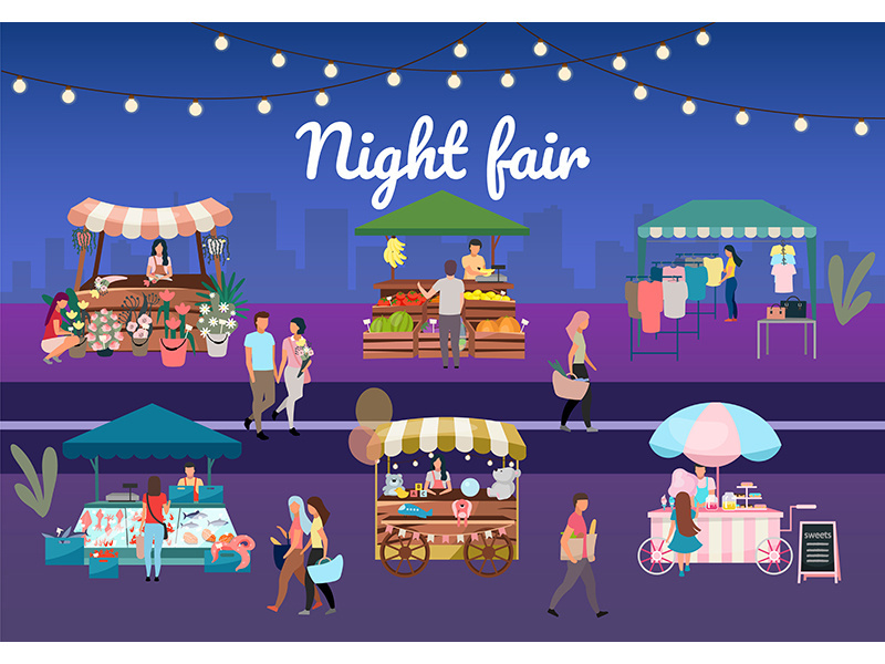 Night street fair flat vector illustration