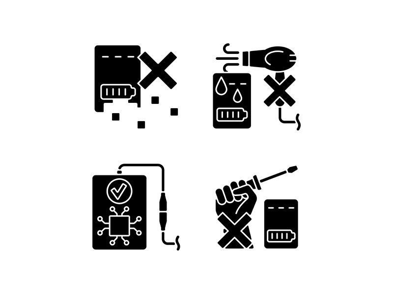 Extending power bank life black glyph manual label icons set on white space