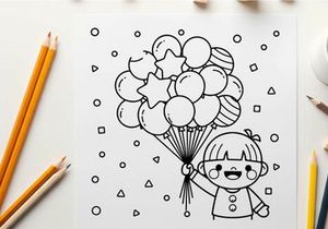 Child holding colorful balloons vector illustration flat design