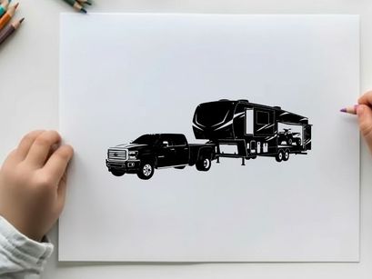 Silhouette of a pickup truck towing a large rv