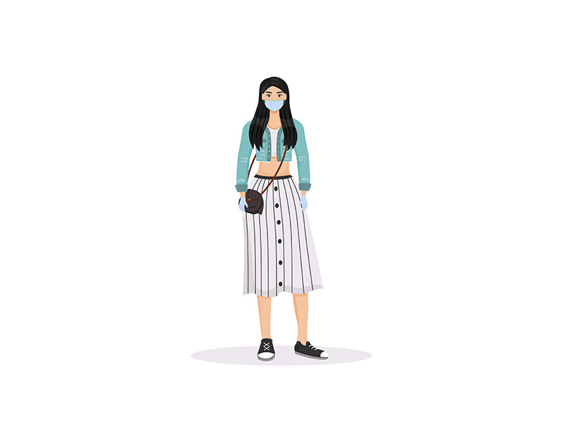 Young woman wearing face mask flat color vector faceless character