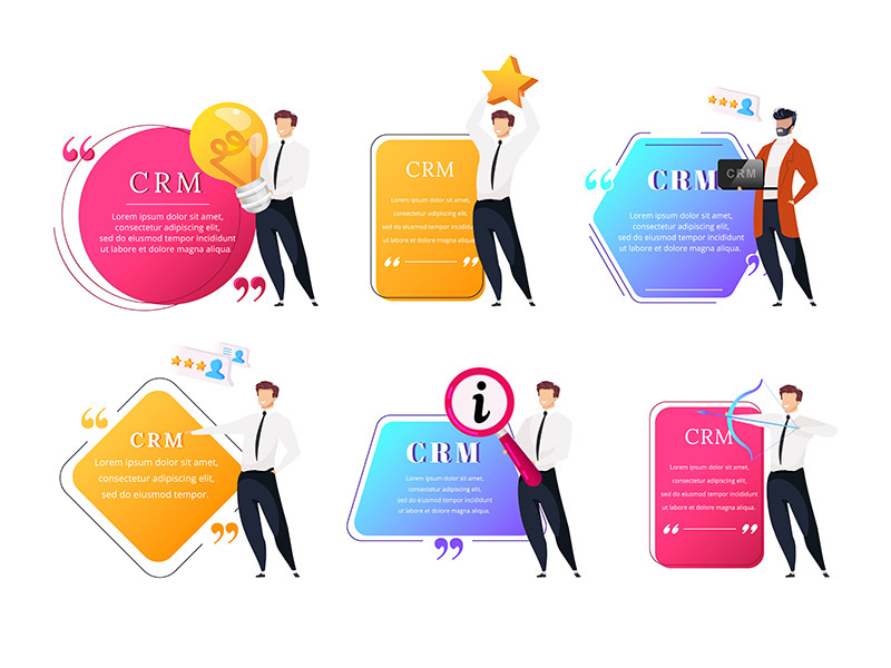 CRM flat color vector character quotes set