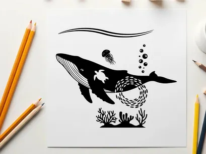 Ilustração vetorial de baleia jubarte com tartaruga marinha e água-viva