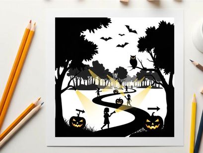 Halloween silhouette of children trick or treating in a spooky forest with jack o lanterns