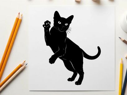 Black cat silhouette with paw raised in a playful pose silhouette