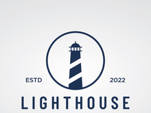 Sea lighthouse tower building creative logo with spotlights vintage vector template.
