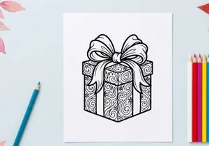Kotak hadiah Natal elegan dengan pola hiasan melingkar rumit dan pita satin untuk perayaan liburan meriah