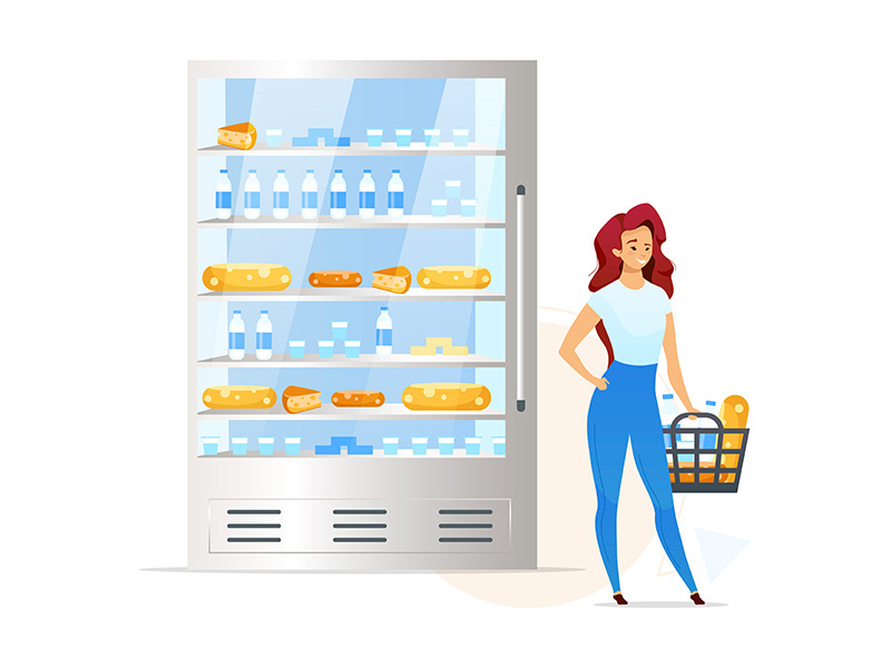 Woman buying dairy products flat color vector illustration