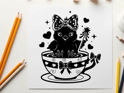 Adorable silhouette cat in decorative teacup with bow and wand silhouette