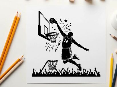 Silhouette of a basketball player dunking ball with crowd cheering
