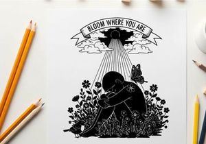Silhouette of a person kneeling in flowers with angel and inspirational quote
