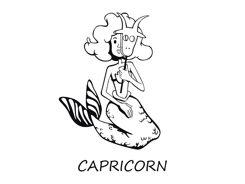 Capricorn zodiac sign woman outline cartoon vector illustration