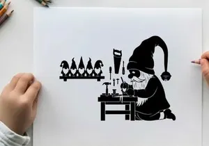 Silhouette of a gnome working at a workbench with penguins