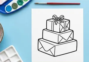 Stack of Christmas gift boxes with a bow, black and white line art illustration.
