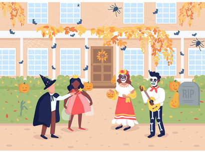 Trick or treat on Halloween flat color vector illustration set