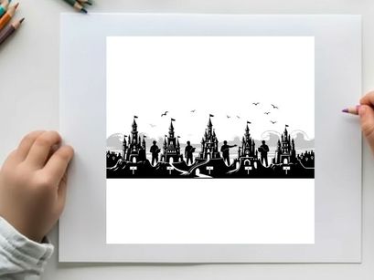 Silhouette of a medieval castle town with people and birds