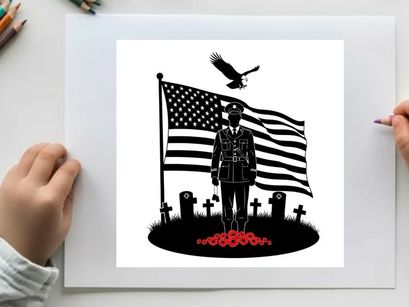 American soldier silhouette with flag and cemetery