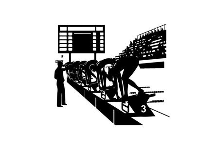 Silhouette of athletes at starting line in a stadium