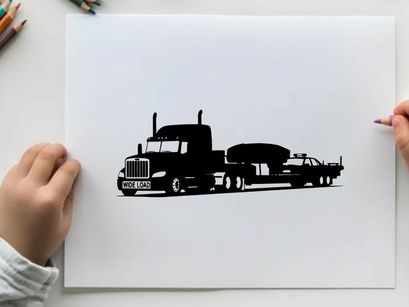 Silhouette of a semi truck hauling a boat on a trailer