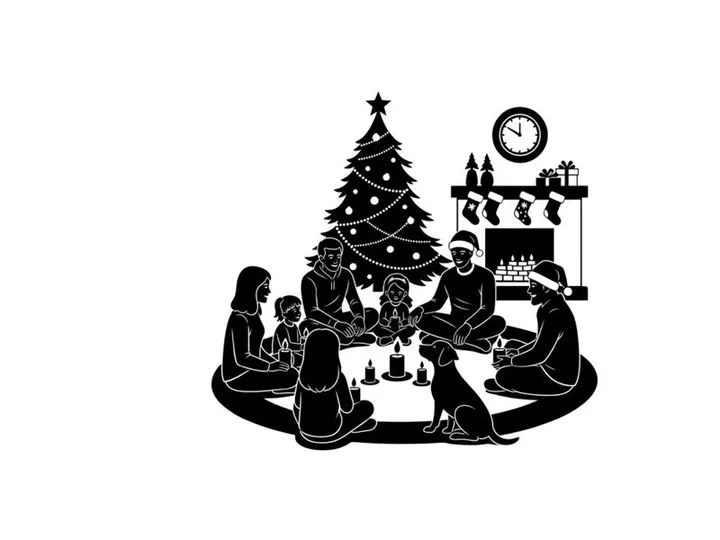 Family in silhouette celebrating around christmas tree by fireplace