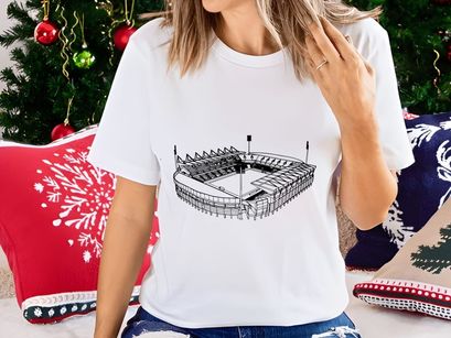 Black and white illustration of an empty sports stadium with seating and lighting