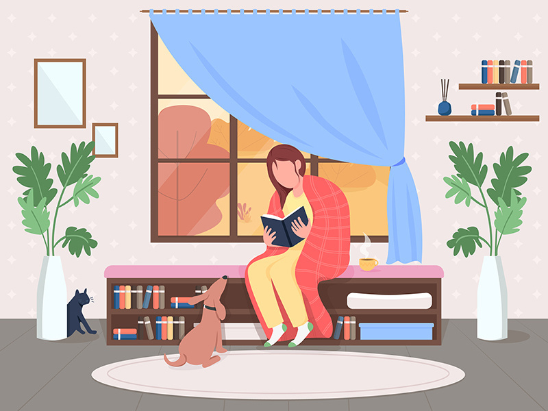 Woman reading at home flat color vector illustration