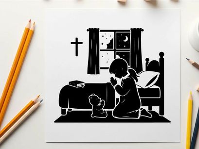 Silhouette of a girl praying beside her bed at night