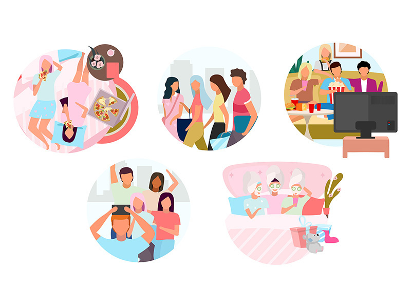 Friends pastime together flat concept icons set