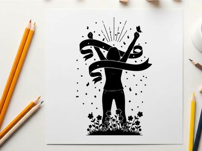 Silhouette of a person celebrating with ribbons and flowers