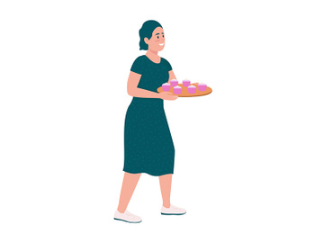 Happy woman with pink cupcakes semi flat color vector character preview picture