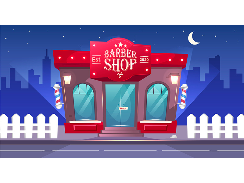 Barbershop front at night flat color vector illustration