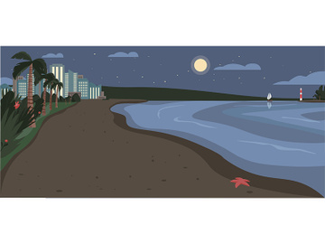 Sandy beach at night time flat color vector illustration preview picture