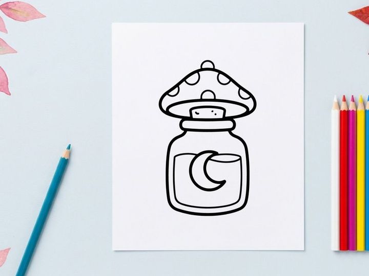 Cute cartoon jar with magic potion and mushroom lid. Whimsical fantasy bottle for Halloween spells and witchcraft decor.