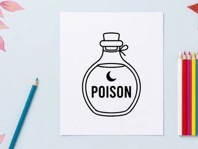 Poison bottle icon with moon symbol. Simple black and white vector illustration of potion.